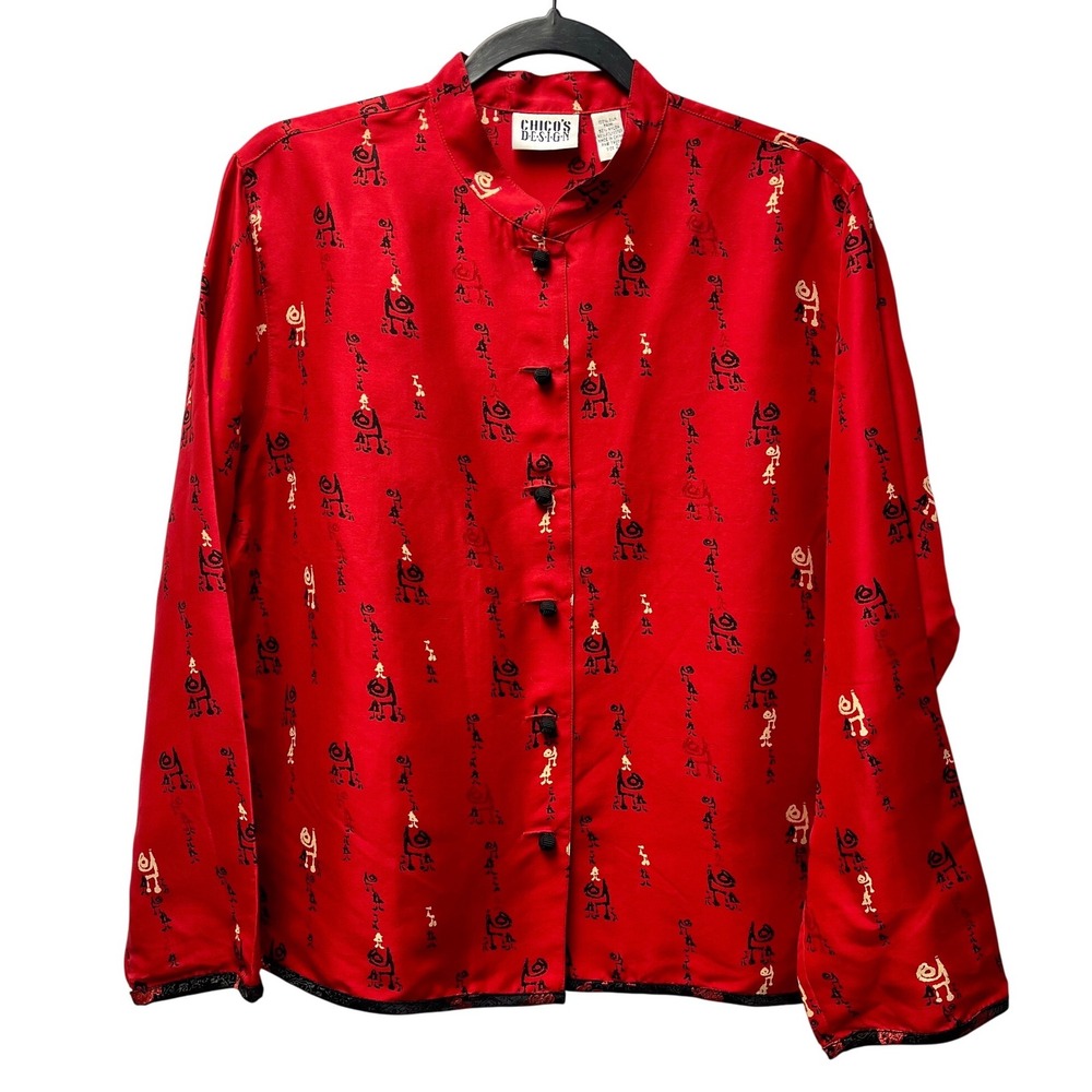 Chico's Design Blouse 2 Red Silk Asian Oriental Artisan Quiet Luxury Ethnic Boxy